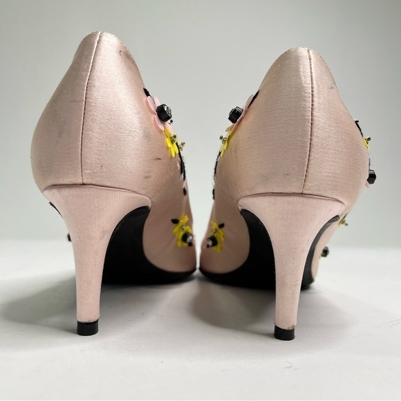 Giambattista Valli Blush Pink Luxury Satin Yellow Floral Embroidered Kitten Heel - Picture 3 of 14